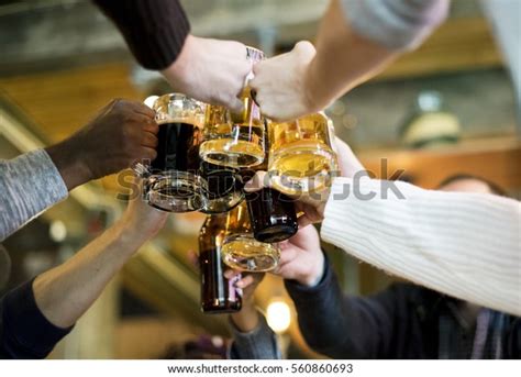 Hands Hold Beverage Beers Bottle Cheers Stock Photo 560860693