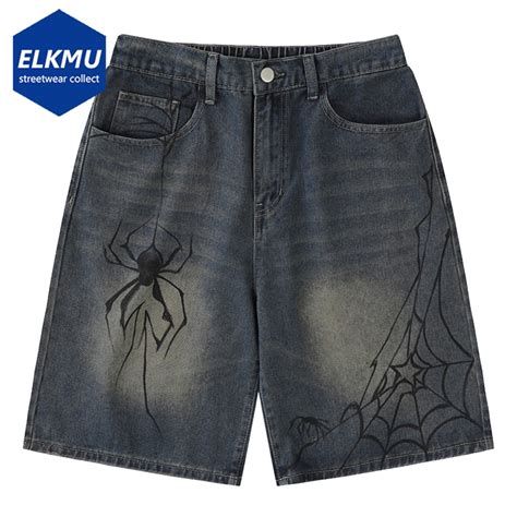 Y2k Blue Denim Shorts Spider Cobweb Printed Summer Loose Casual Jeans