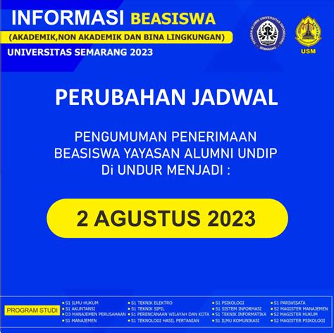 Perubahan Jadwal Pengumuman Beasiswa Yayasan Alumni Undip Beasiswa Usm