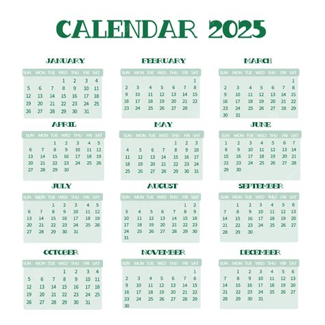 2025 English Calendar Green Vector 2025 Calendar English Png And