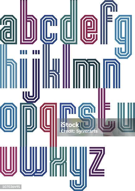 Font Geometris Garis Tiga Jenis Huruf Bergaris Gaya Retro Ilustrasi