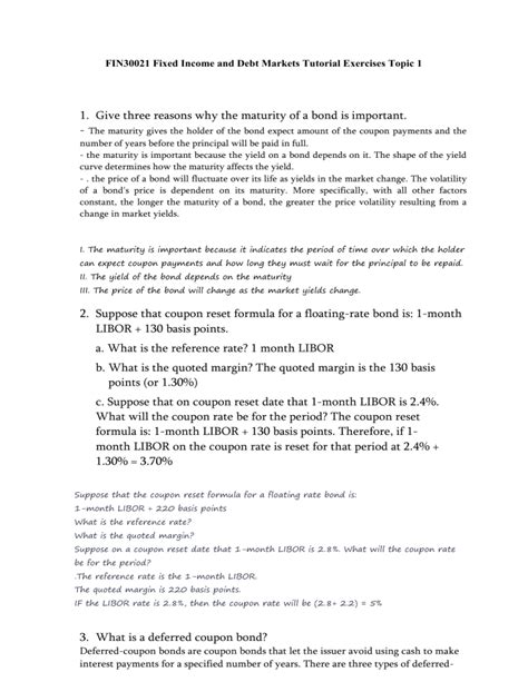 Fin Fixed Income And Debt Markets Tutorial Exercises Topic