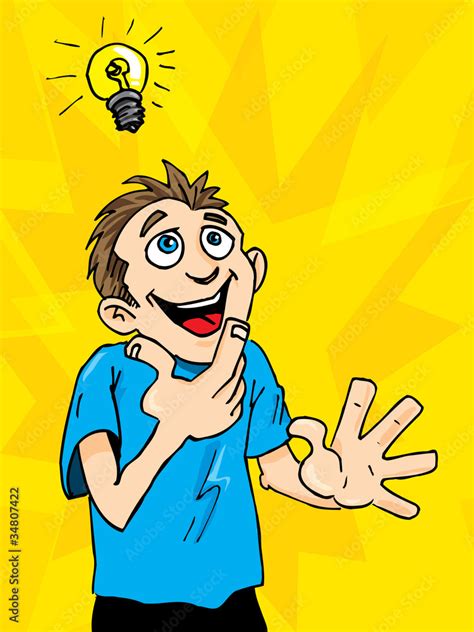 Cartoon Man Gets A Bright Idea A Light Bulb Above His Head Stock