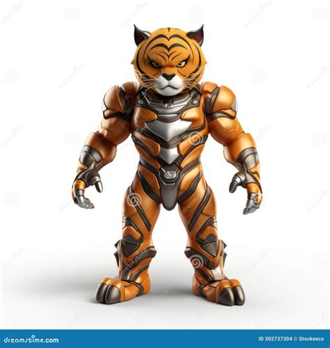 Cartoony Tiger Superhero Figurine with Futuristic Metal Armor Stock ...