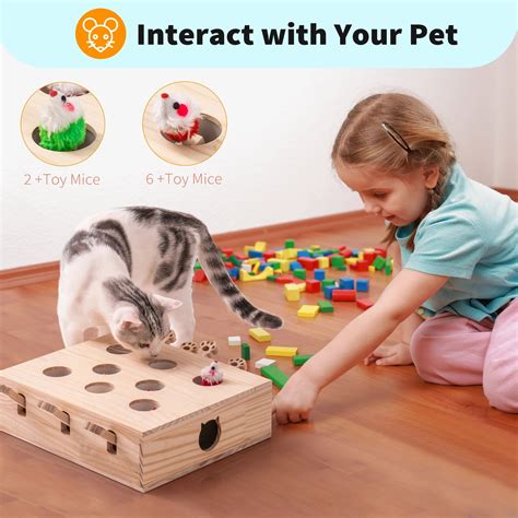 Interactive Solid Wood Whack A Mole Cat Toy With Natural Wood Finish