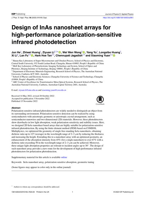 Design Of Inas Nanosheet Arrays For High Performance Polarization