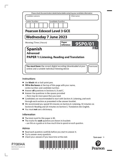 Pearson Edexcel A Level Spanish Paper 1 2023 Question Paper 9sp001