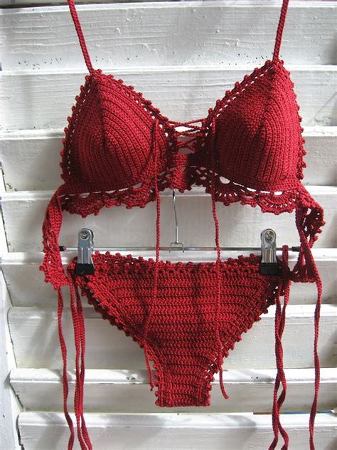 Crochet Bikini In Dark Red Lace Crochet Swimsuit Crochet