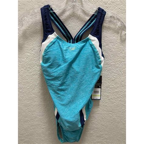 Speedo Women 14 Swimsuit One Piece Quantum Heather Ceramic Blue High Cut Ebay