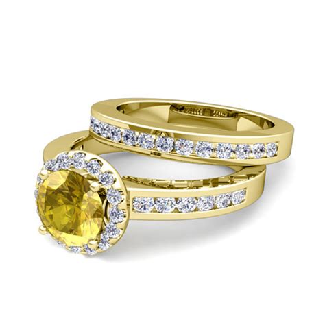 Bridal Set Yellow Sapphire Halo Engagement Wedding Ring 14k Gold 6mm