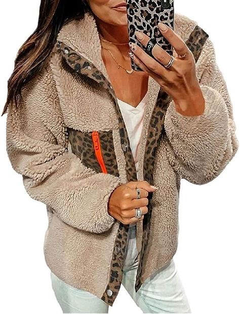 Women Fall Winter Fleece Warm Leopard Print Button Down Outerwear