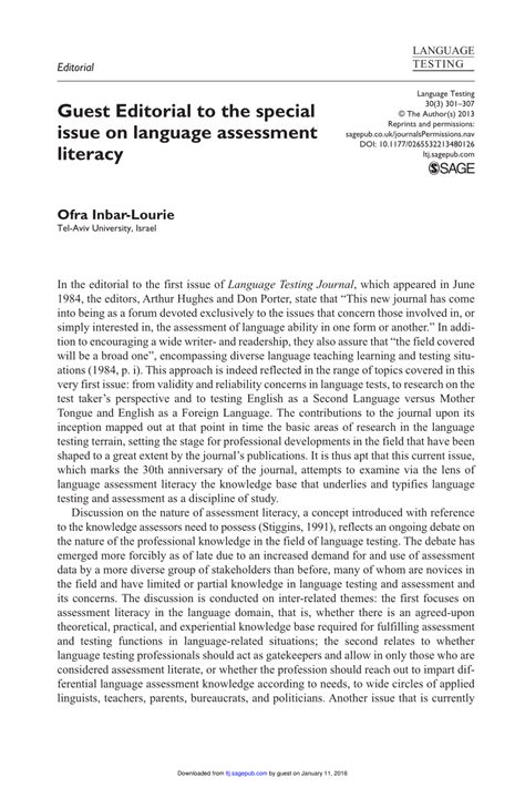 PDF Guest Editorial To The Special Issue On Language Assessment Literacy