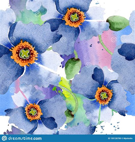 Blue Poppy Floral Botanical Flowers Watercolor Background Illustration