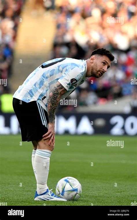 Lionel Messi of Argentina prepares a free kick during the Finalissima ...