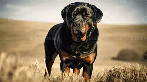 Rottweiler, its muscular form brilliantly contrasted against an open ...