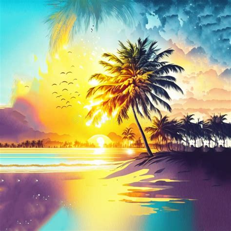 Tropical Beach With Palm Trees And Sunset 3d Rendering Generative Ai Stock Illustration