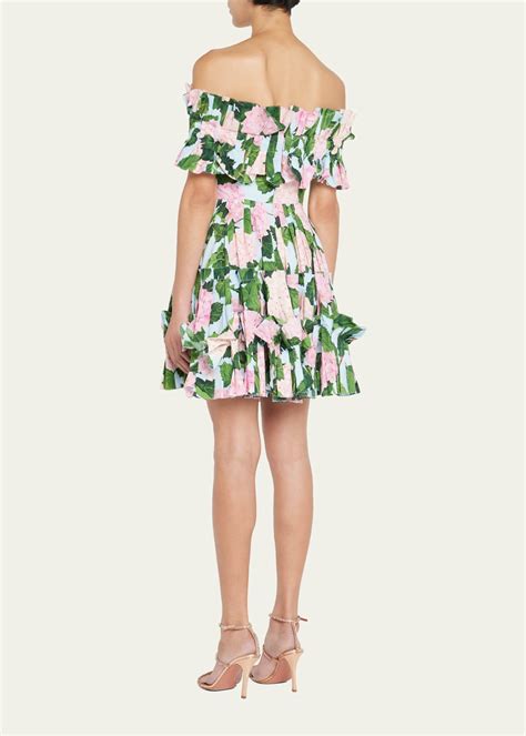 Oscar De La Renta Off Shoulder Hydrangea Print Ruffled Mini Dress