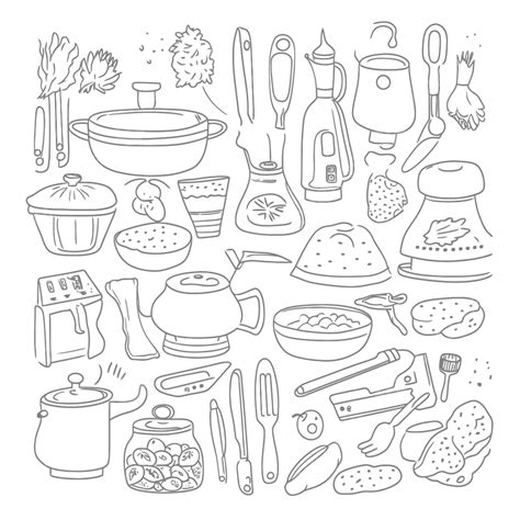 Doodle Drawing Of Cooking Equipments And Gadgets Set Black And White