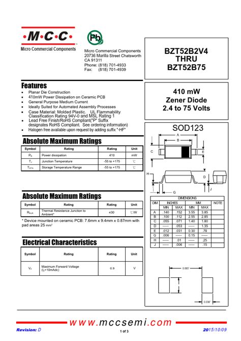 Bzt52b20 Datasheet Zener Diode