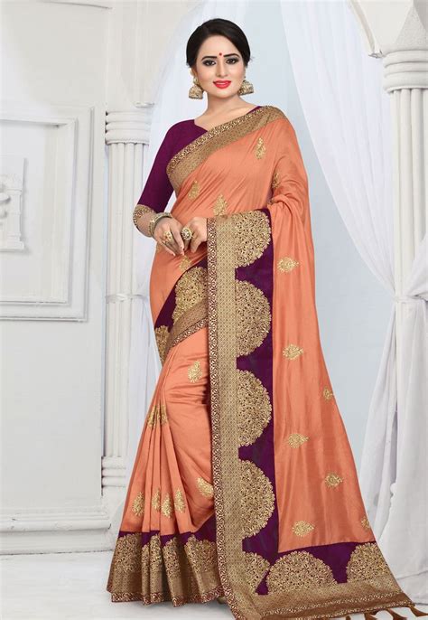 Peach Silk Saree With Blouse Traditional Sarees Party Wear