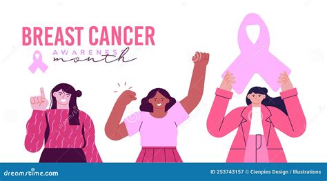 Breast Cancer Awareness Month Diverse Women Group Banner Stock Vector