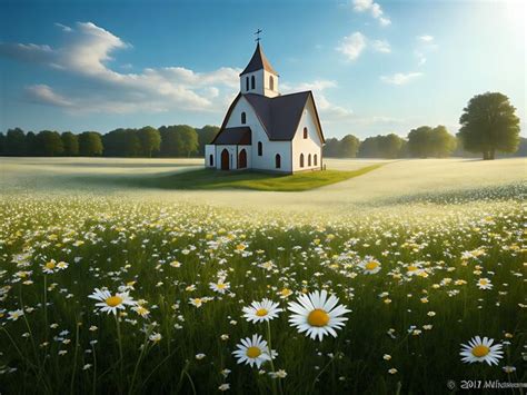 Premium Photo Country Church In Field Of Daisy Wildflowers