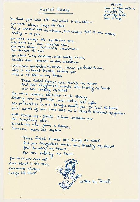 Lot - Jewel "Foolish Games" Handwritten Lyrics