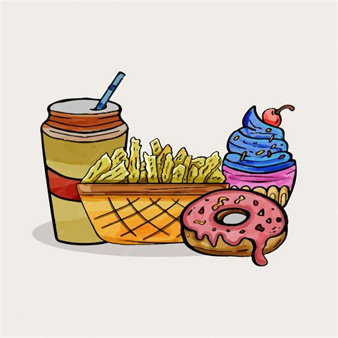 Doodle De Comida Rápida En Estilo De Pintura De Acuarela Vector De