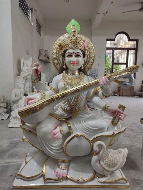 Painted Goddess Saraswati Marble Sarasvati Mata Statue At In Jaipur