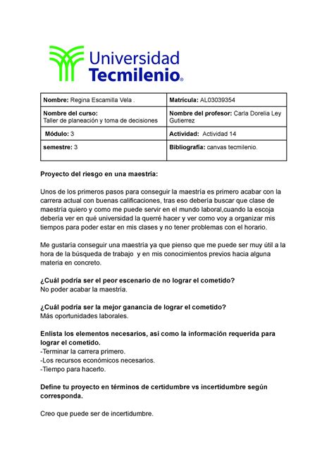 Actividad 14 Taller De Planeacion Y Toma De Decisiones Nombre