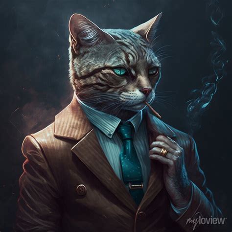 Realistic Cat In A Suit Smoking A Cigar Portrait Generative Posters