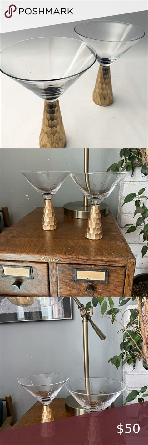 Honeycomb Hammered Look Gold Pedestal Stem Martini Cocktail Glasses