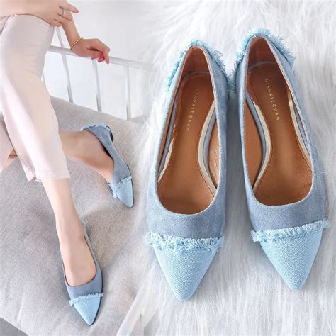 Women Pointed Toe Fringe Ballet Flat Shoes Blue Denim Patchwork Slip On Loafers Women Plus Size