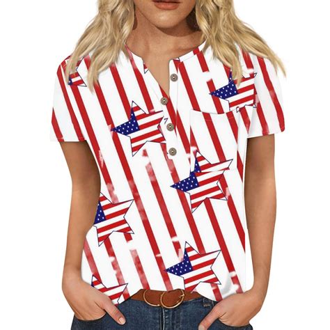 Mohiass Patriotic Henley V Neck Shirts For Women 4th Of July Button