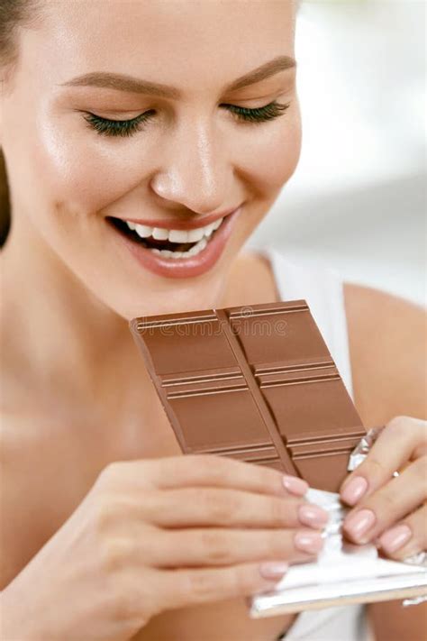 Chocolate Happy Woman Biting Chocolate Bar Stock Photo Image Of