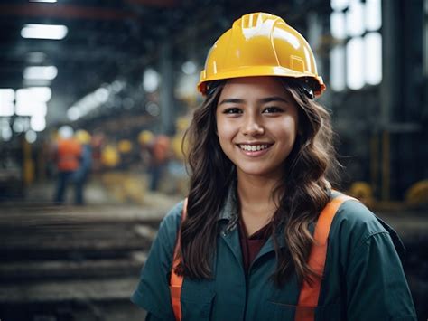 Premium AI Image Girl Teen Worker With Safety Helmet Happy Smiling