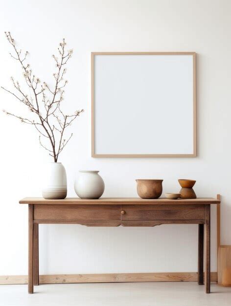 Premium Ai Image Wooden Dresser And Empty Poster On White Wall Vase