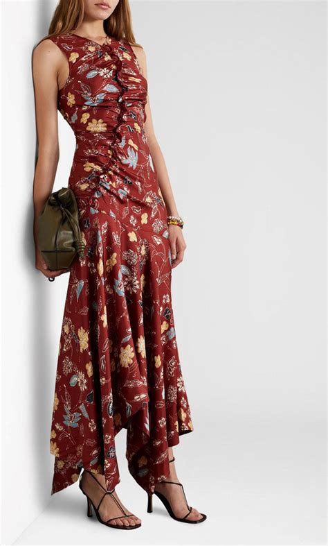 Ulla Johnson Alma Asymmetric Ruched Floral Print Silk Twill Maxi Dress