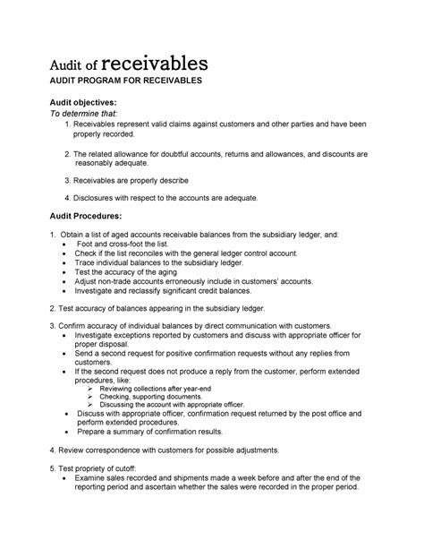 Pdfcoffee Lecture Notes Audit Of Receivables Audit Program For