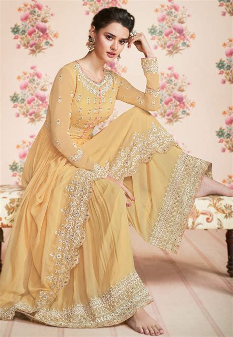 Pastel Yellow Embroidered Palazzo Suit Hatkay