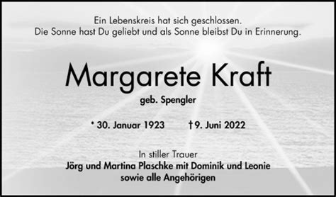 Traueranzeigen Von Margarete Kraft Trauerportal Ihrer Tageszeitung