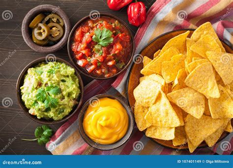 Mexican Nachos Tortilla Chips with Guacamole, Salsa and Cheese D Stock ...