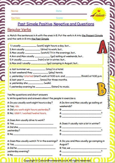 A Printable Worksheet With The Words Past Simple Positive Negative And Questions On It