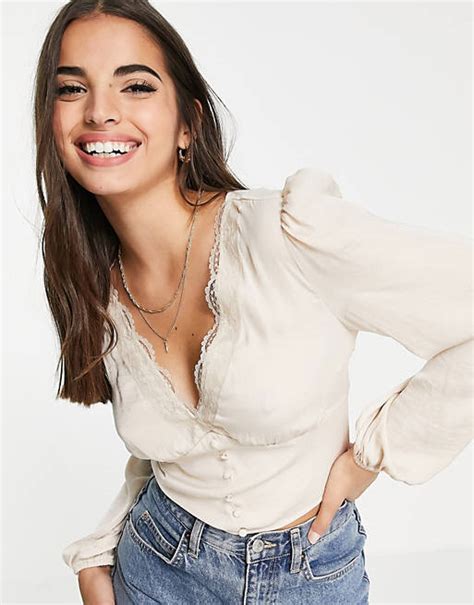 Stradivarius Satin Button Detail Romantic Blouse In Beige Asos