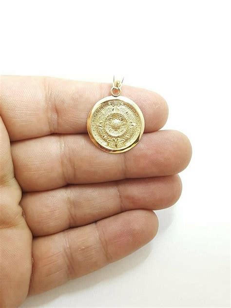 14k Yellow Solid Gold Aztec Mayan Sun Calendar Pendant Fine Etsy