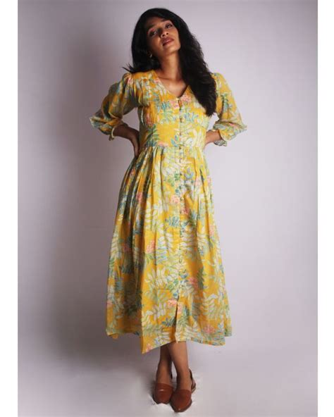 Yellow Tropical Printed Smocked Dress By Threeness The Secret Label