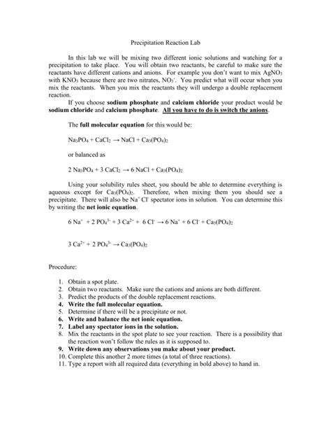 Precipitation Reaction Lab