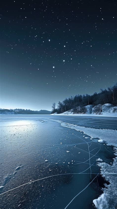 winter night landscape, snow-covered lake, moonlit night, serene winter ...