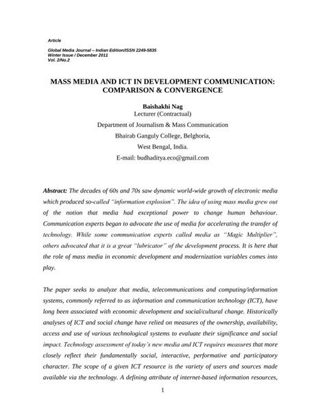 Pdf Mass Media And Ict In Development Communication Issue December 2011 · Role Of Ict