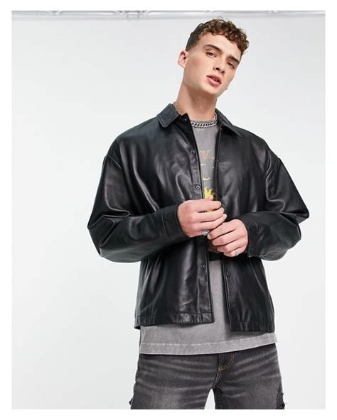 Asos Oversized Real Leather Shacket In Gray For Men Lyst